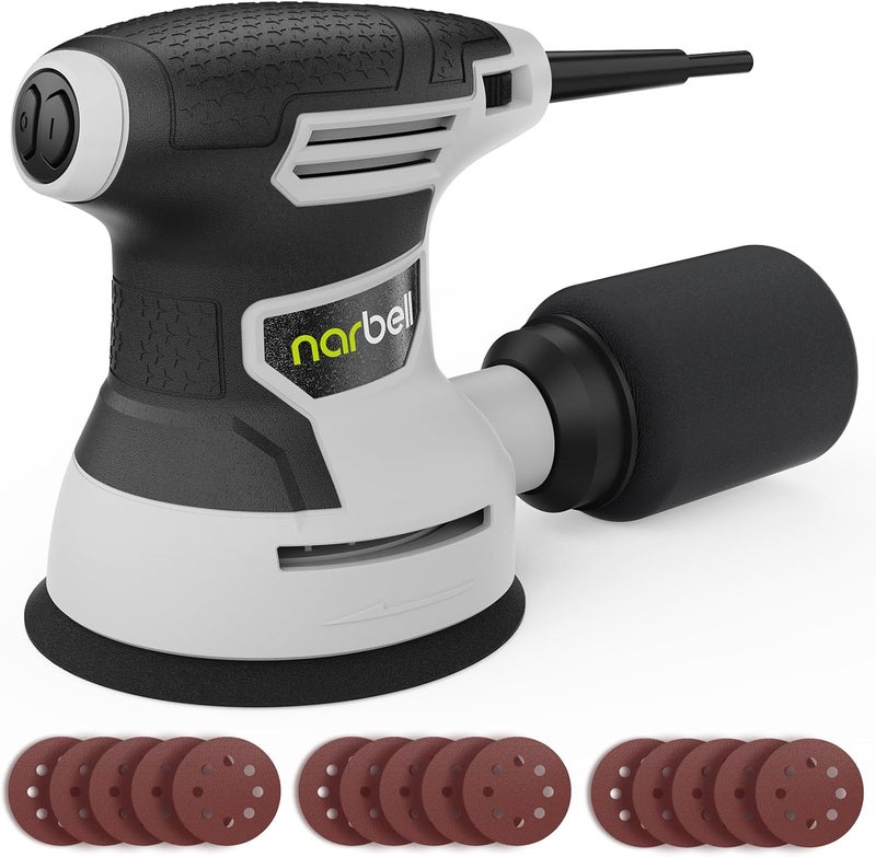 Narbell Orbital Sander 3.0AMP(360W),14000RPM Random Orbit Sander Tool with 6 Variable Speeds, 5" Electric Palm Sander Kit with Dust Bag,15pcs Sandpapers for Woodworking & Sanding, Light Gray - Image 1